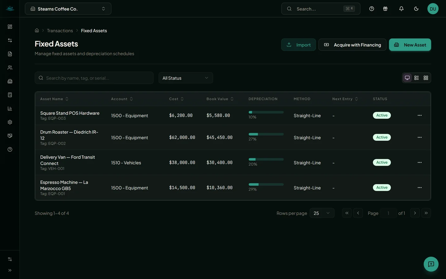 Fixed assets register with depreciation schedule visible