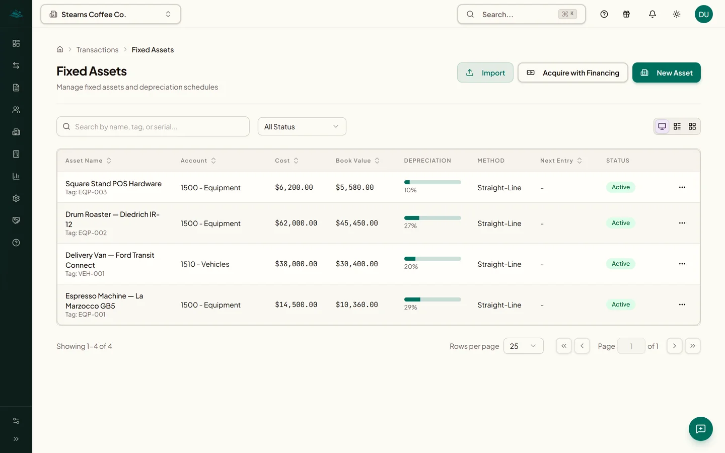 Fixed assets register with depreciation schedule visible