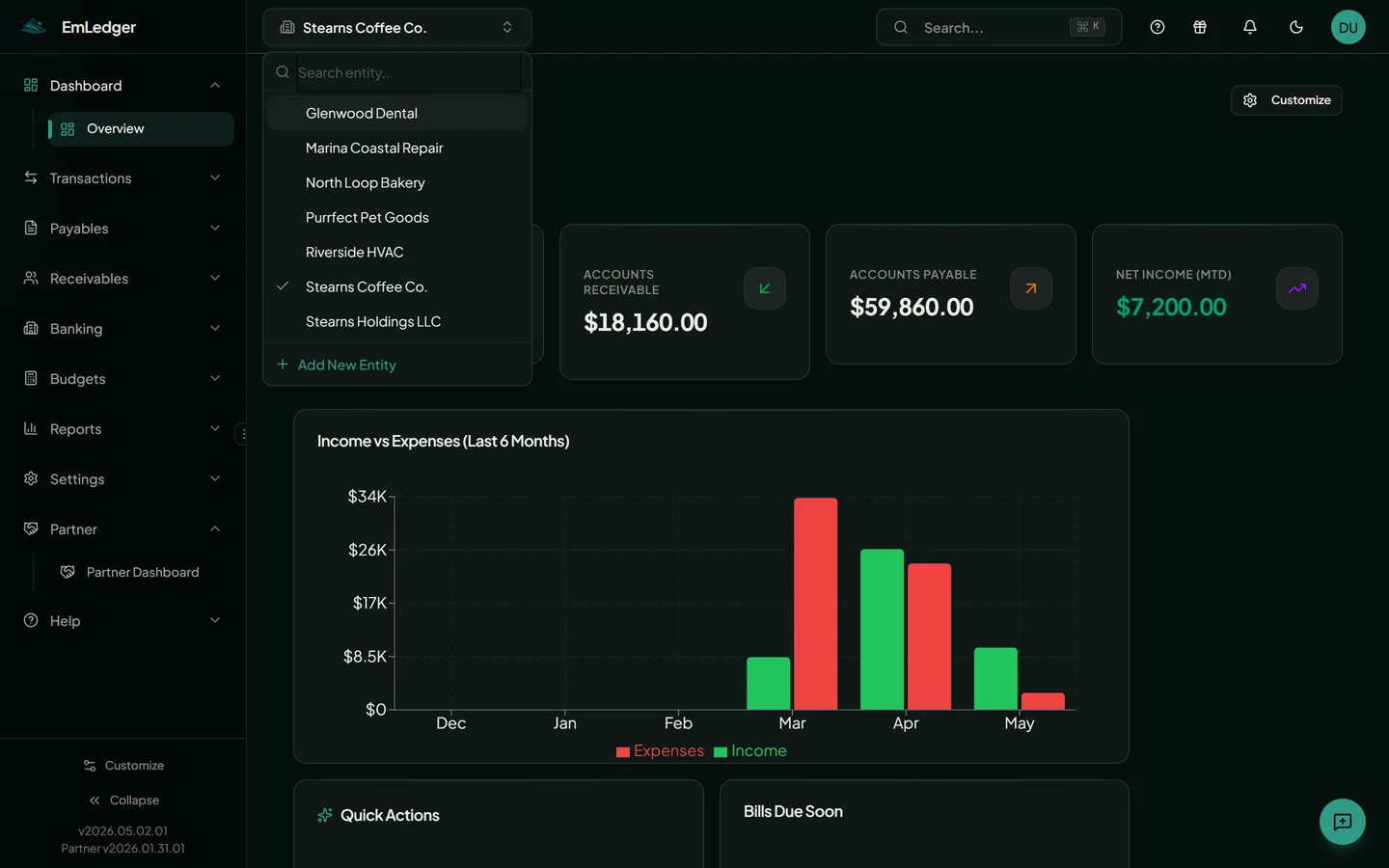 EmLedger consolidated dashboard with the entity switcher open