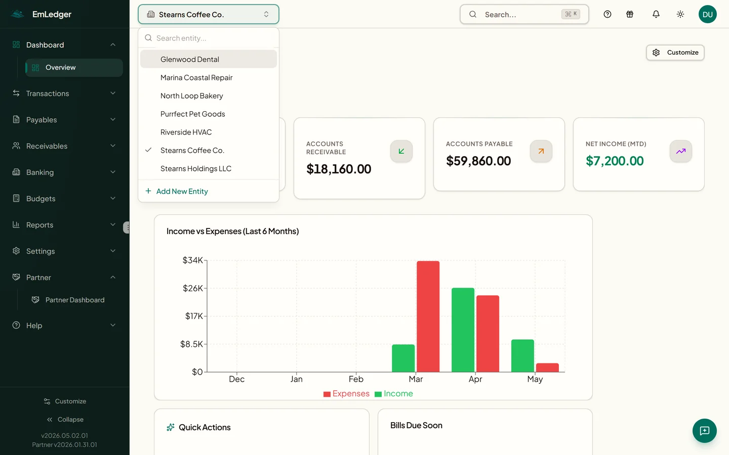 EmLedger consolidated dashboard with the entity switcher open