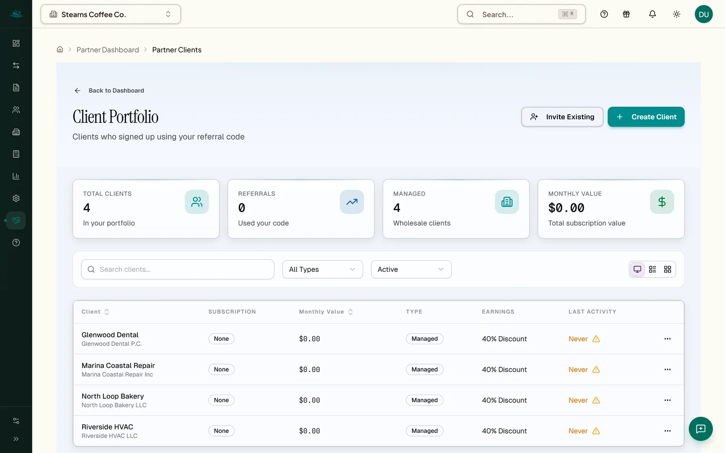 EmLedger partner client roster — multiple unrelated clients in one view